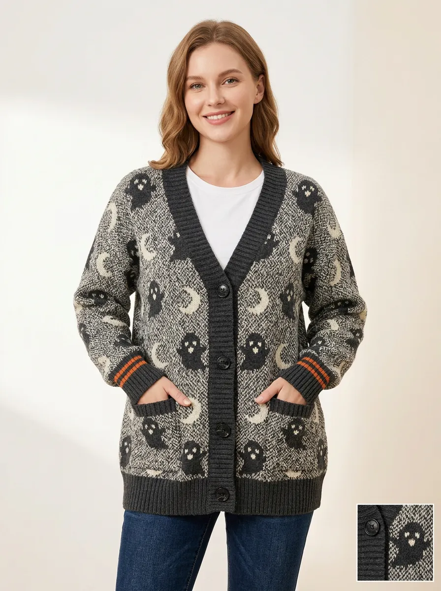 Women's Ghost Moon Halloween Knit Cardigan