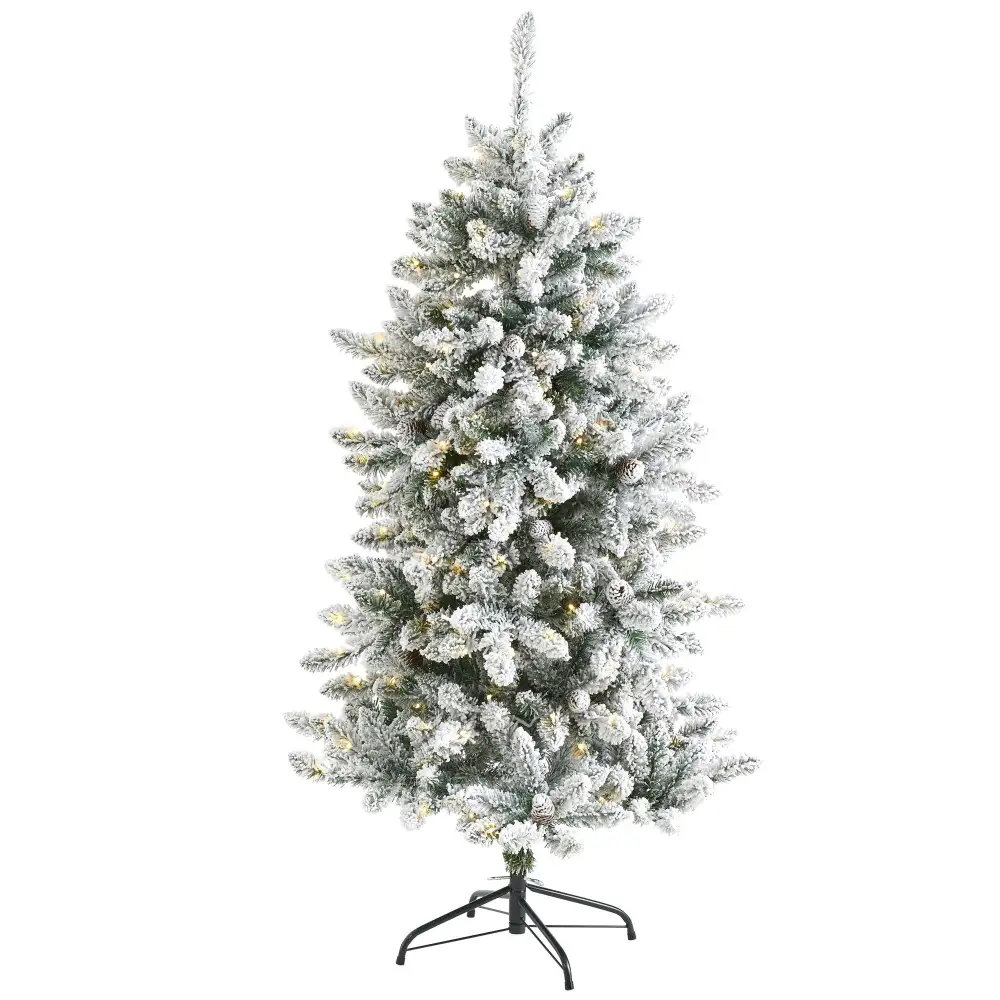 Flocked Livingston Fir Artificial Christmas Tree with Pine Cones and Clear Warm LED Lights Foliage Accent