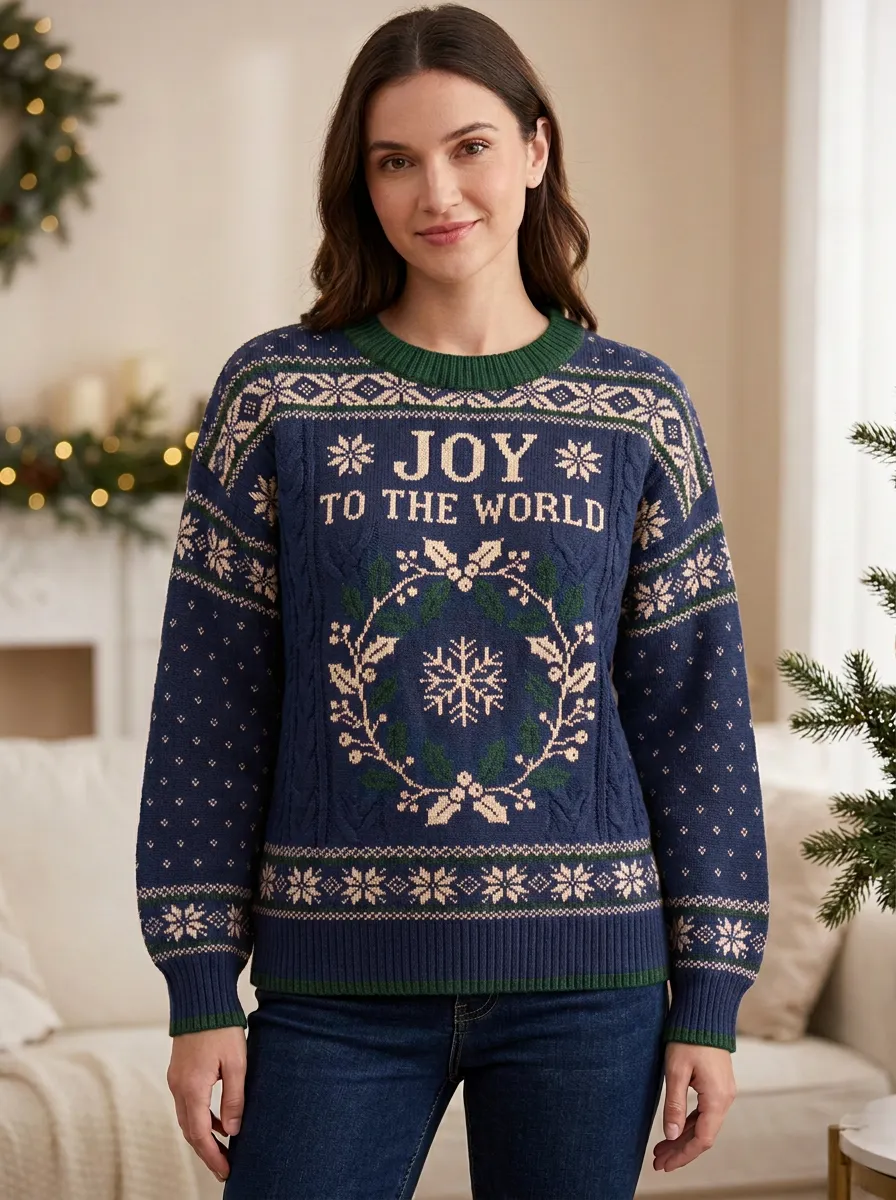 Christmas Joy To The World Wreath Pattern Knitted Sweater