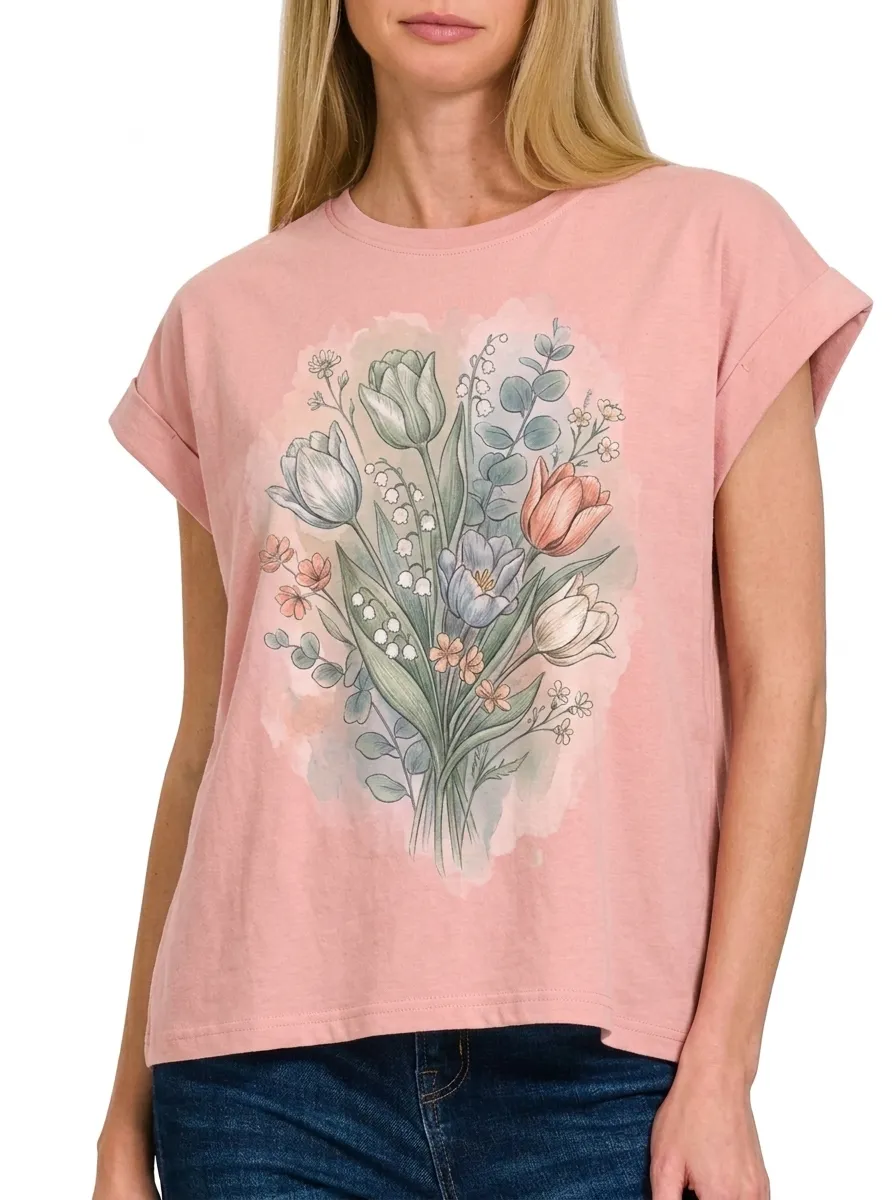Women's Floral Lover Watercolor Tulip Lily Printed T-shirt