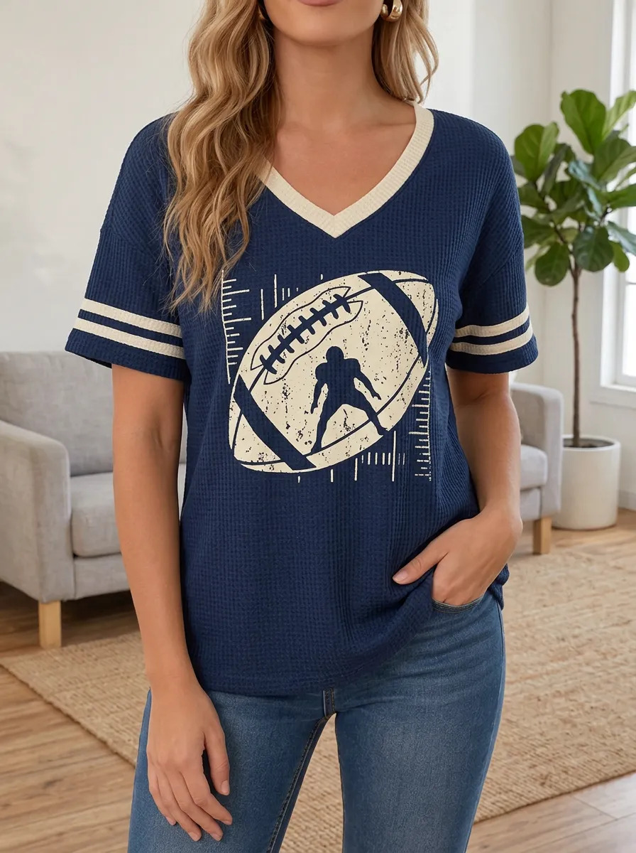 Women's American Football Fan Vintage Ball Printed Waffle Knit Top
