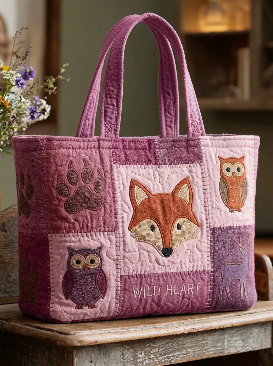 Wild Heart Forest Animal Patchwork Printed Tote Bag