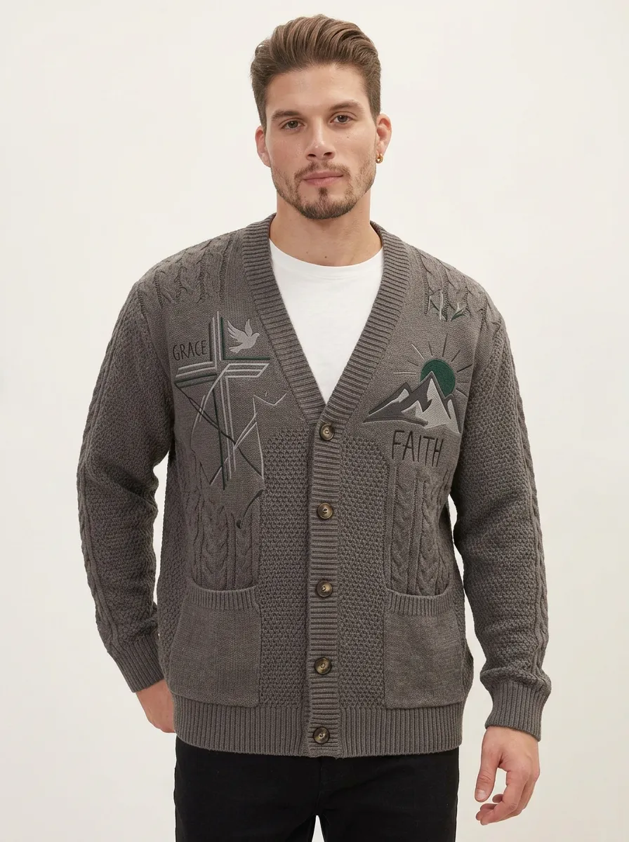 Men's Religious Faith Grace Mountain Cross Embroidered Cardigan