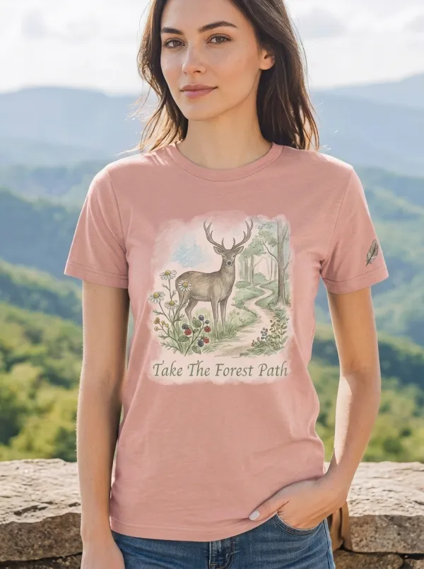 Women's Nature Lover Deer Forest Path Printed T-shirt