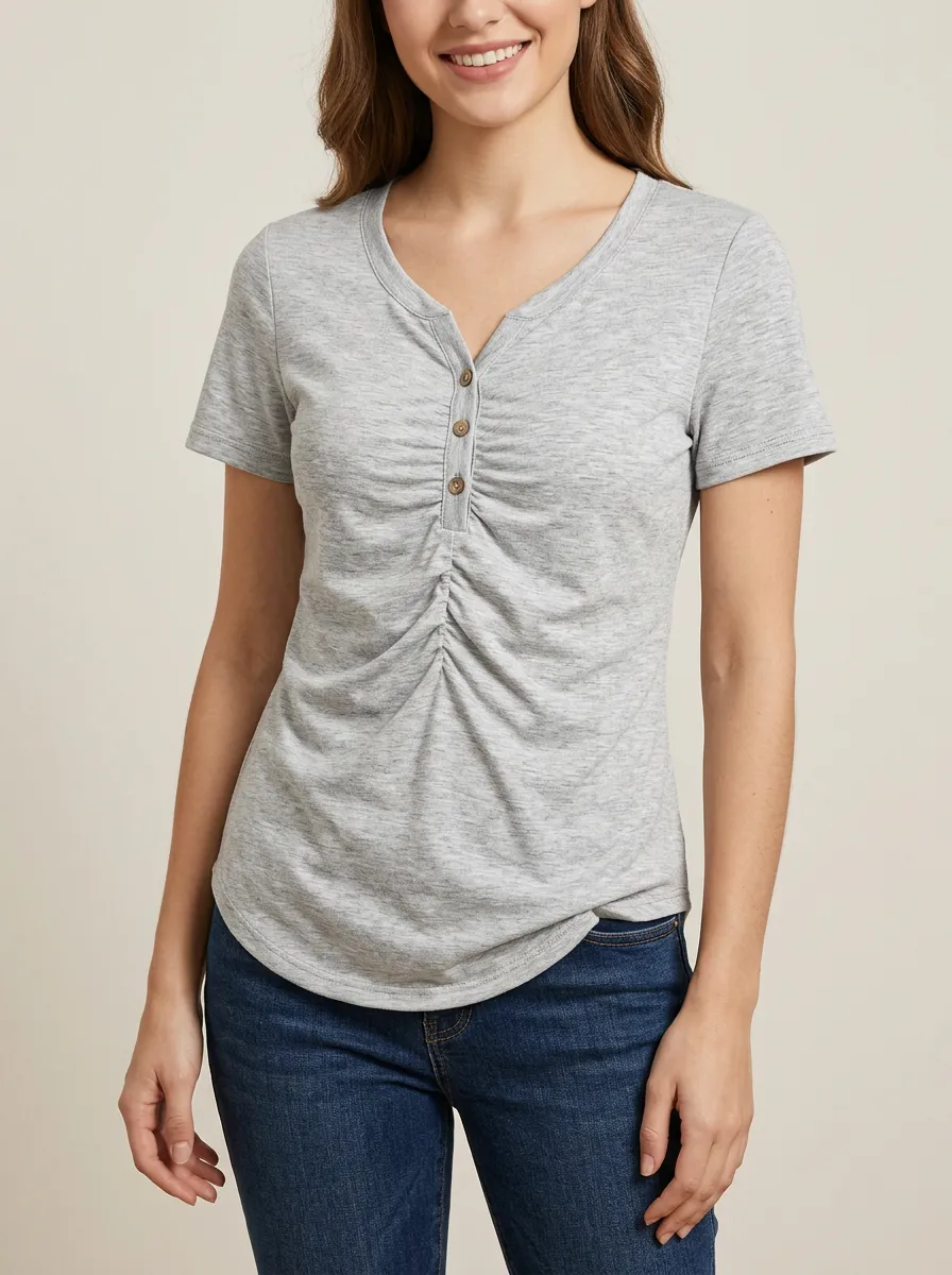 Women's Refined Ruched Button V-Neck T-Shirt