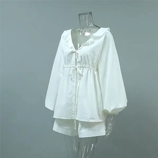 Lantern Sleeve V-Neck Shorts Set