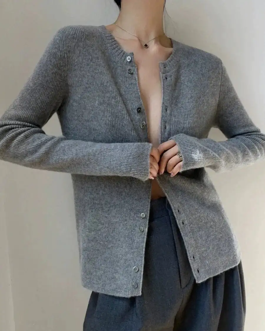 Modern Wool Button-Front Round-Neck Cardigan