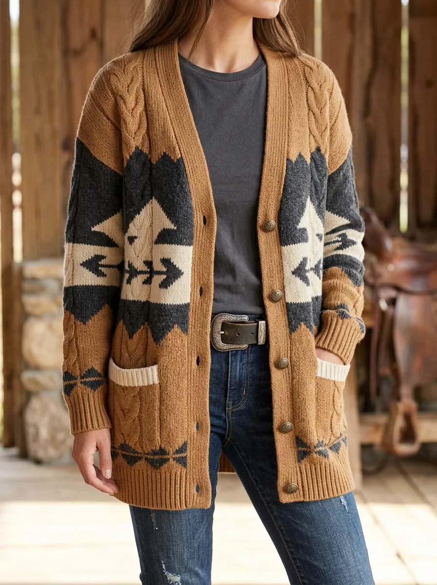 Casual Aztec Geometric Women's Western Knit Cardigan