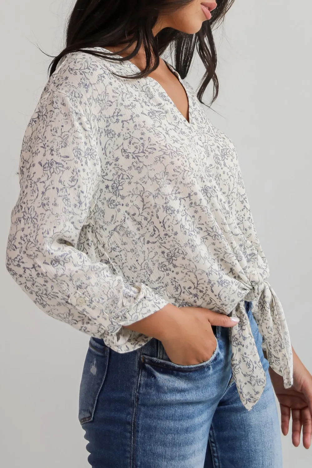 Cream Floral Tie-Front Blouse