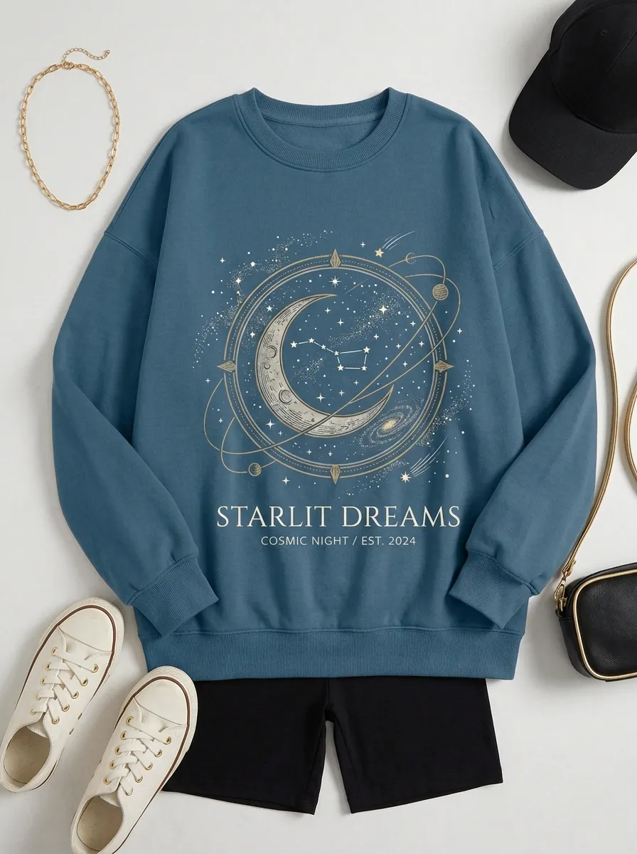 Women's Celestial Starlit Dreams Moon Constellation Printed T-shirt
