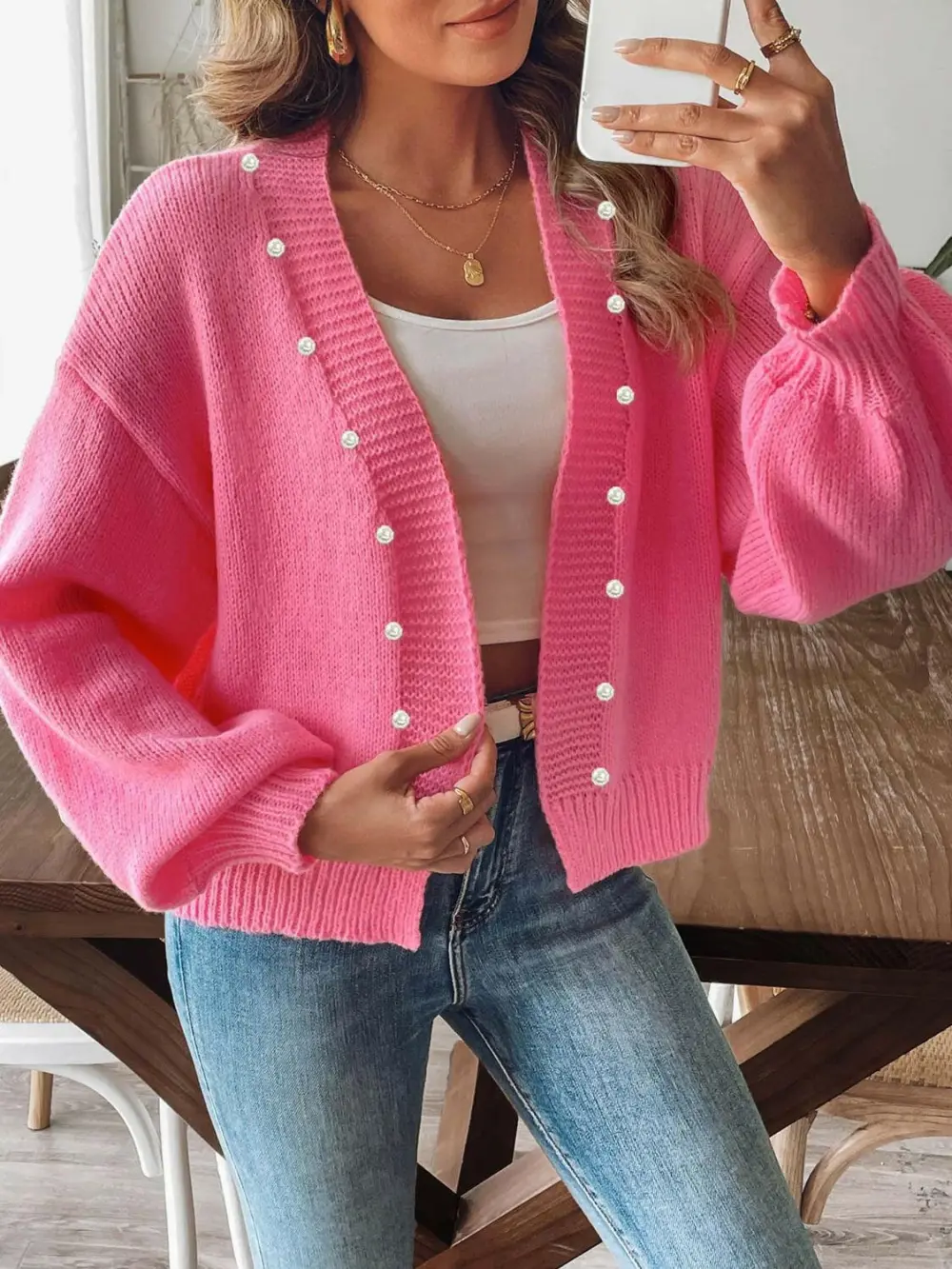 Pearl Detail Open Front Cardigan