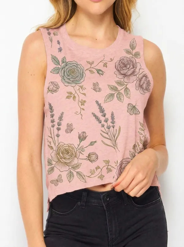 Women's Floral Nature Lover Rose Lavender Butterfly Printed Tank Top