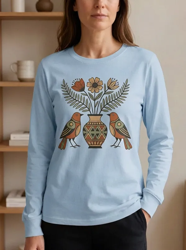 Women's Boho Nature Lover Bird and Floral Vase Printed Long Sleeve Top