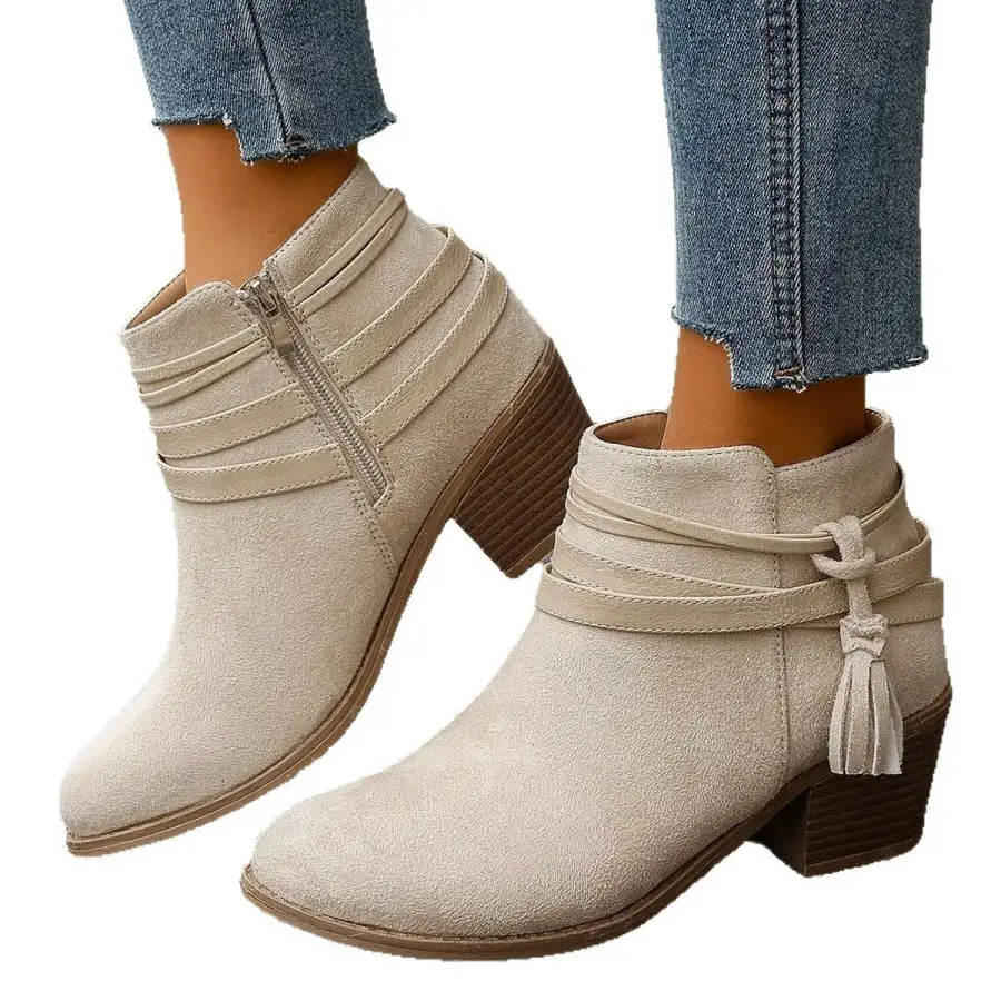 Tassel Point Toe Block Heels Boots