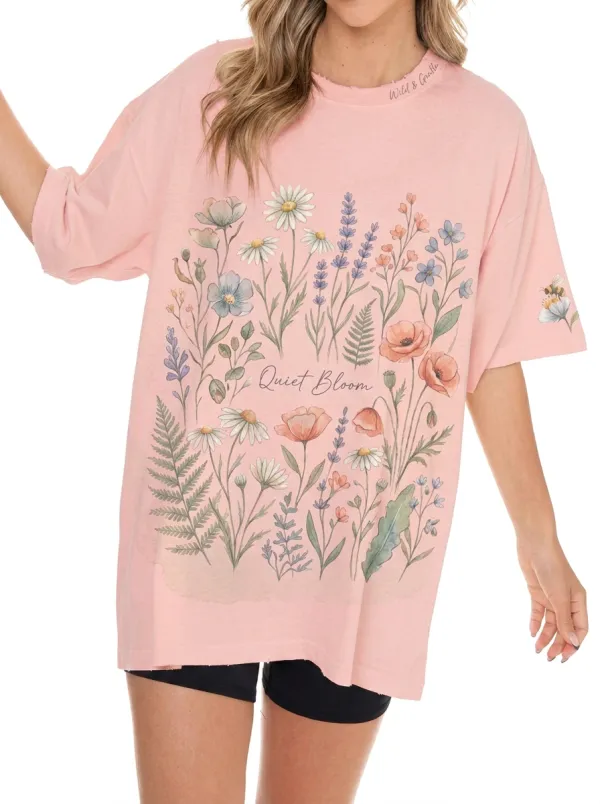 Women's Quiet Bloom Wildflower Bee Printed T-shirt