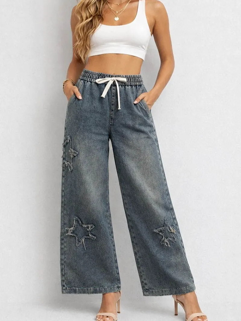 Star Distressed Drawstring Waist Wide Leg Denim Pants