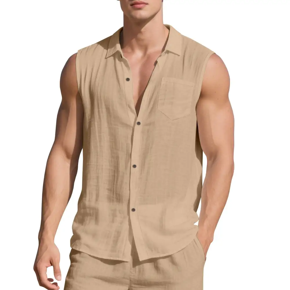 Men's Sleeveless Linen Shirt With Lapel Collar Chest Pocket And Continuous Button Placket