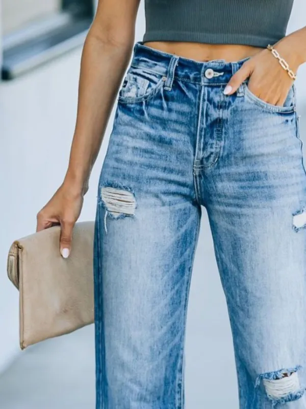 Distressed Straight Leg Denim Jeans