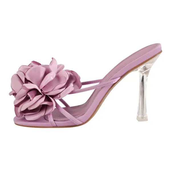 Flower Round Toe Clear Heel Mule Sandals