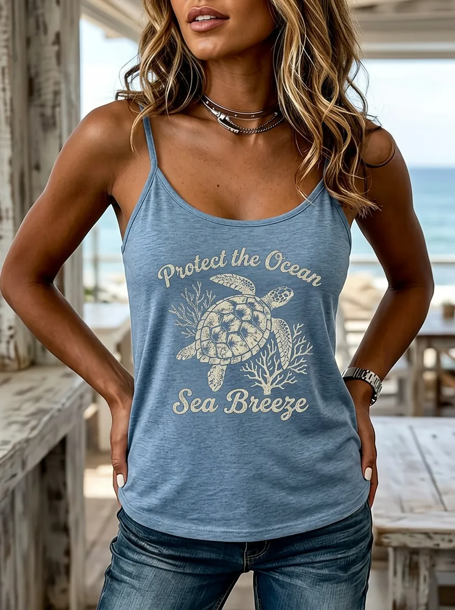 Ocean Lover Sea Turtle Protect The Ocean Printed Tank Top