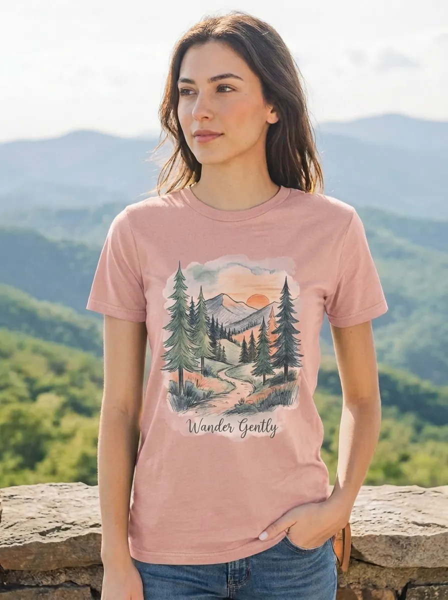 Women's Nature Lover Wander Gently Mountain Forest Printed T-shirt