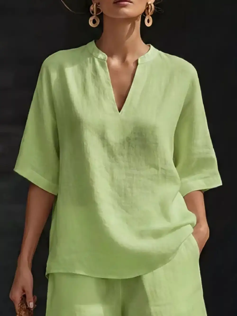 Notched Half Sleeve Top Shorts Set Plus