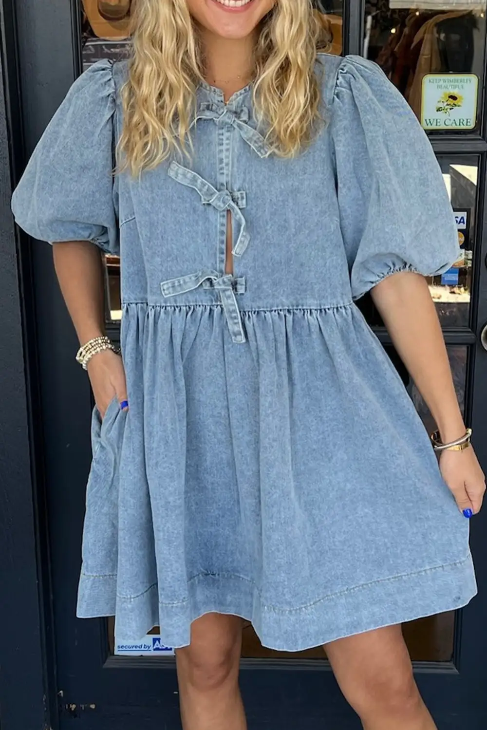 Denim Look Tie Detail Mini Dress