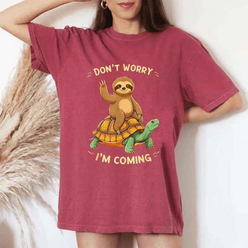 Sloth Riding Turtle Don't Worry I'm Coming Distressed Women's Oversized Comfort T-Shirt