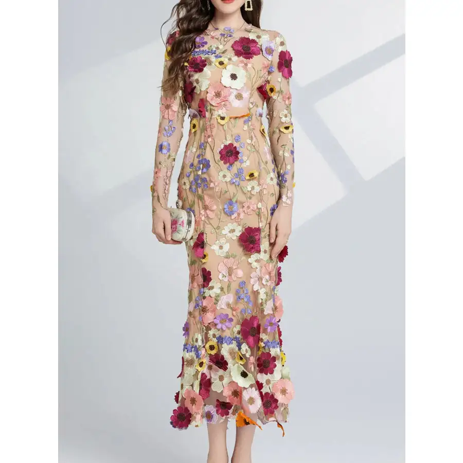 Embroidered Mesh Long Sleeve Midi Dress
