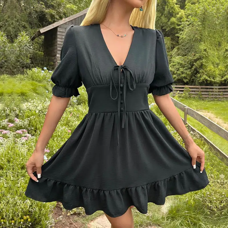 Women's Wrap V-Neck Puff-Sleeve Lace Dress