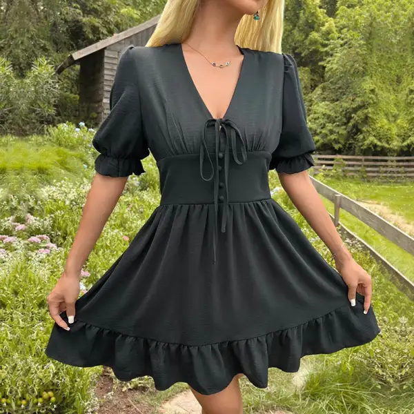 Women's Wrap V-Neck Puff-Sleeve Lace Dress