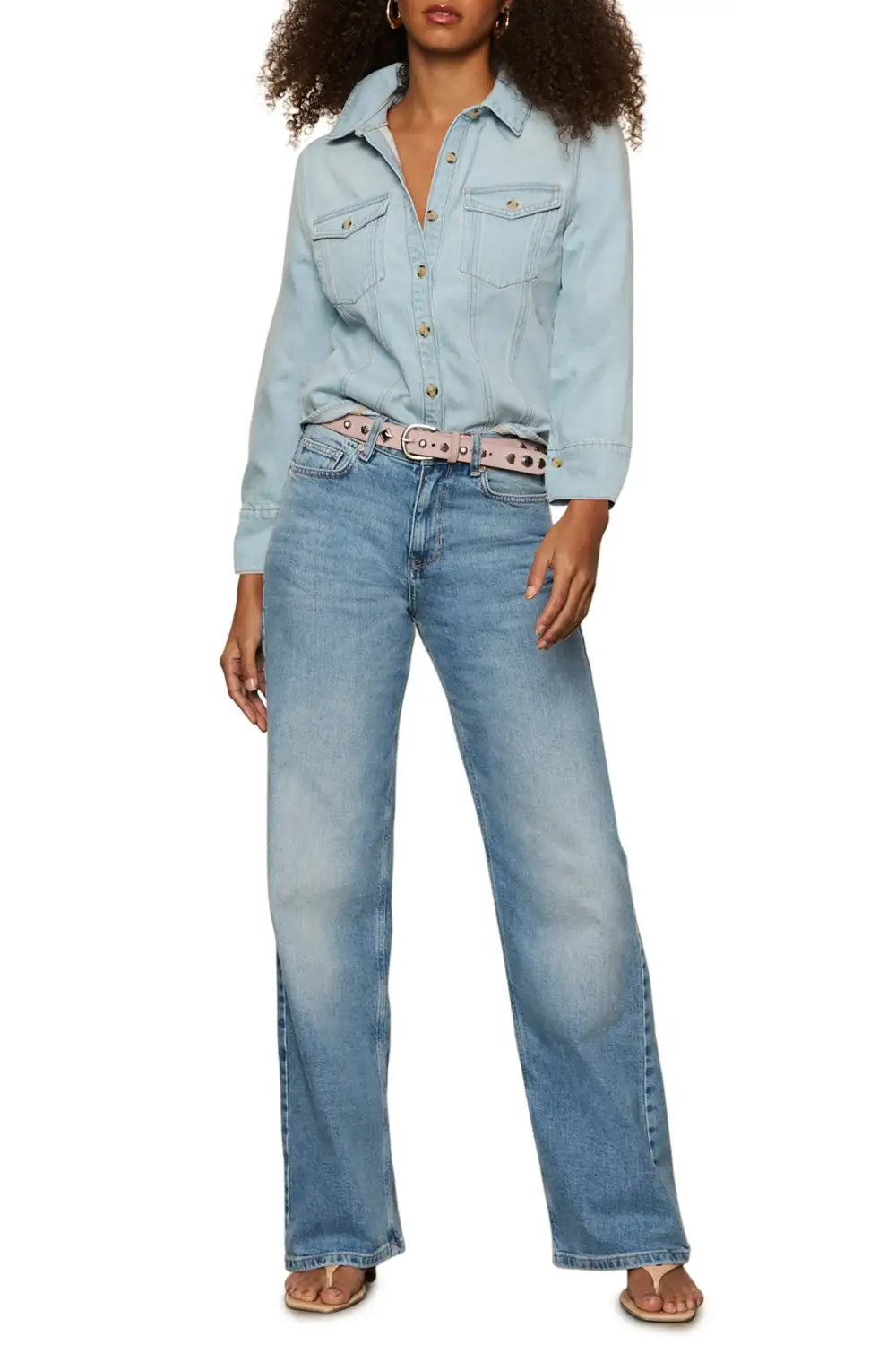 Denim Button Front Collared Relaxed Shirt