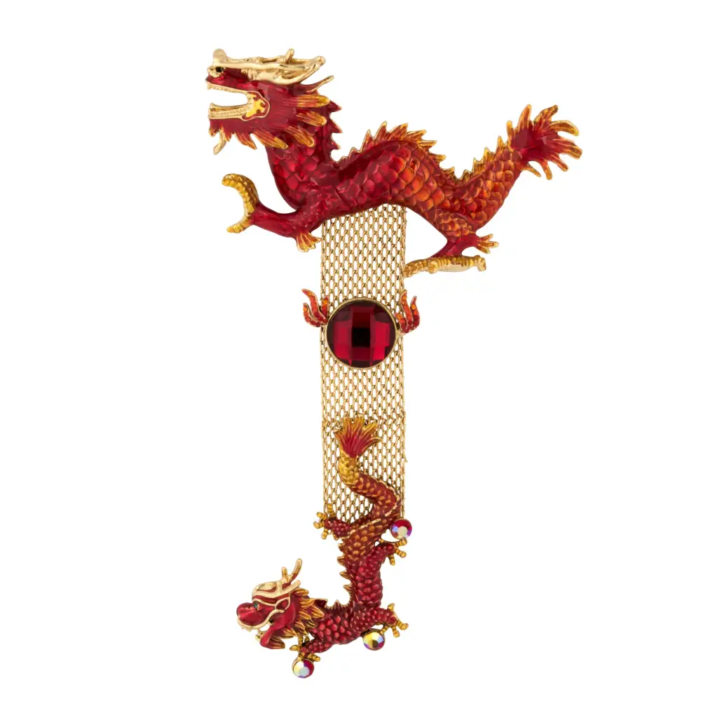 Double Dragon Crystal Brooch