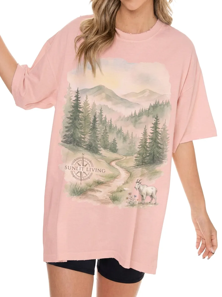Women's Nature Lover Mountain Goat Compass Printed T-shirt