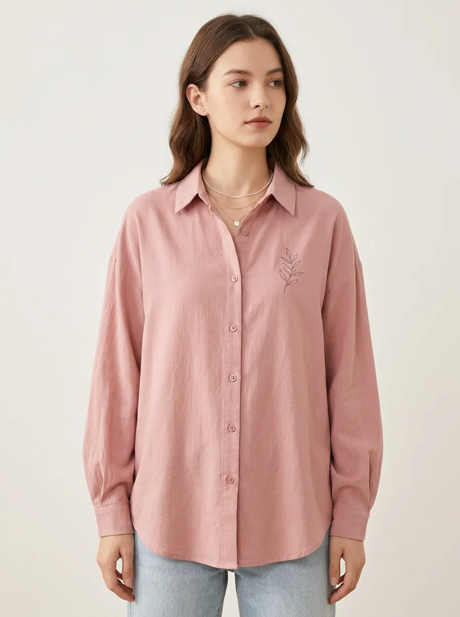 Women's Minimalist Botanical Leaf Printed Pink Button-up Shirt