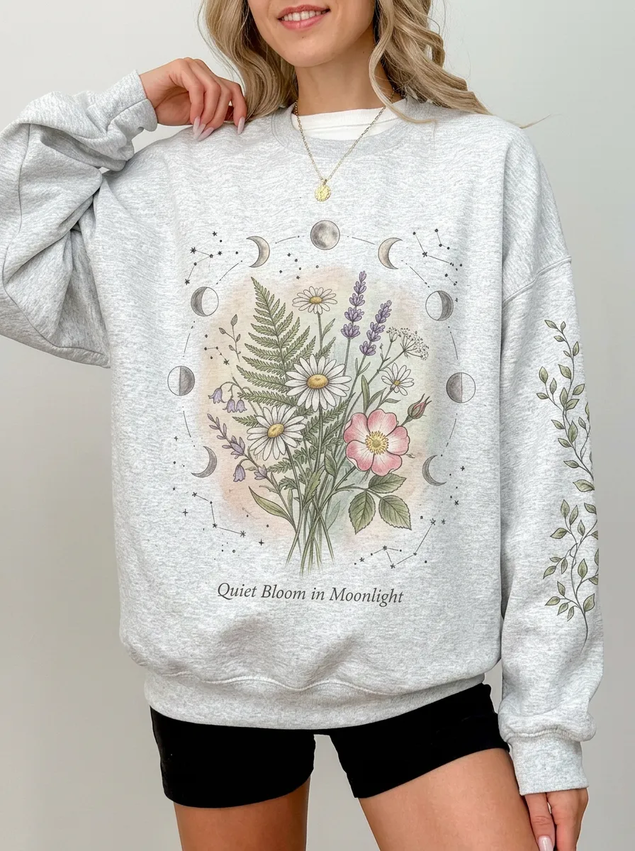 Women's Botanical Moon Phase Floral Printed Sweatshirt