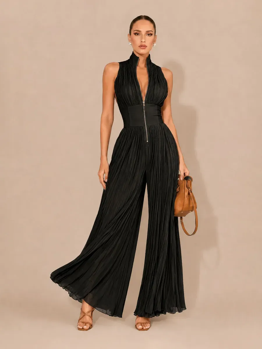 Ophelia Sleeveless Pleated Zip-Front Jumpsuit