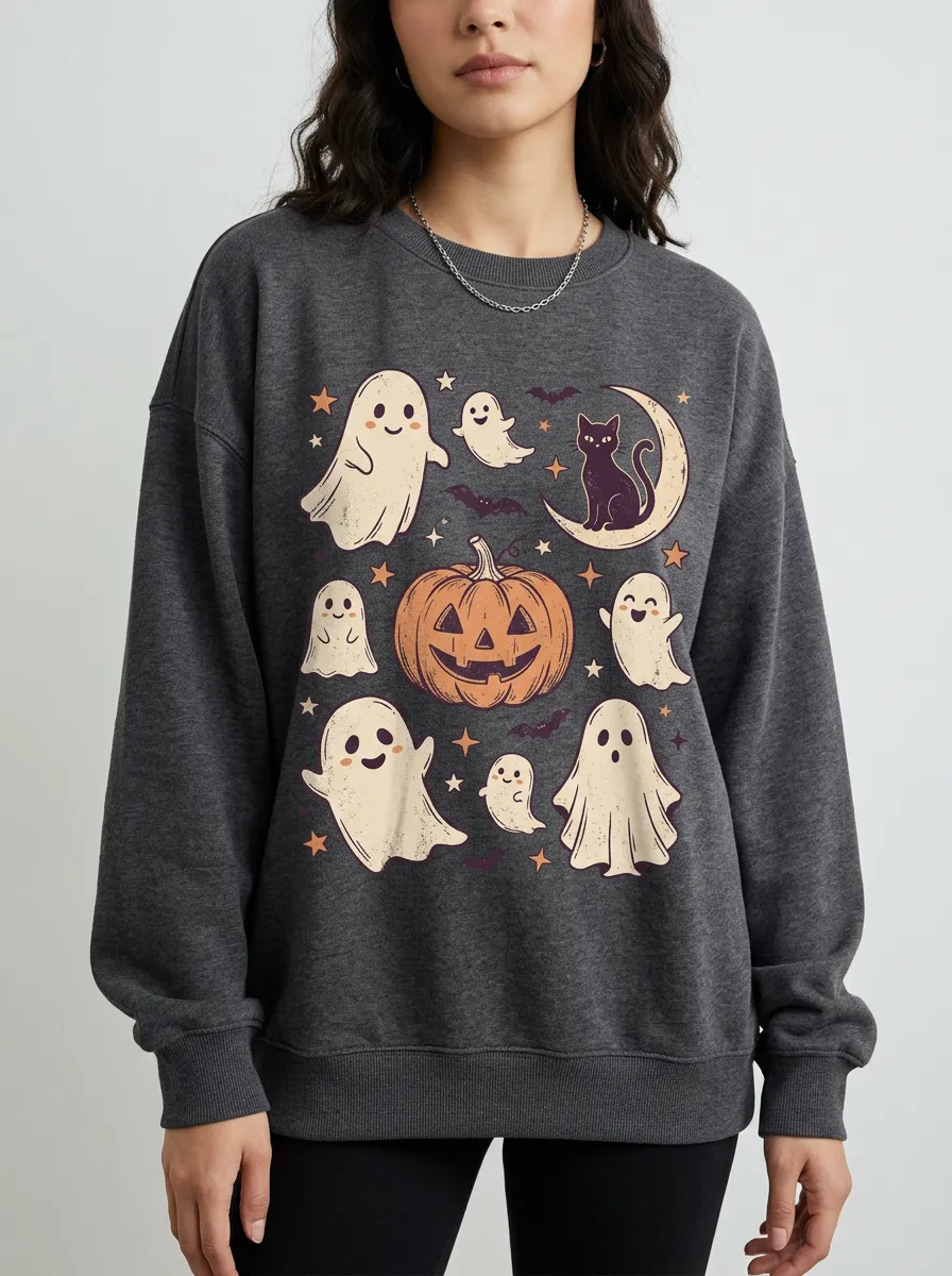 Women's Halloween Ghost Pumpkin Cat Printed Sweatshirt