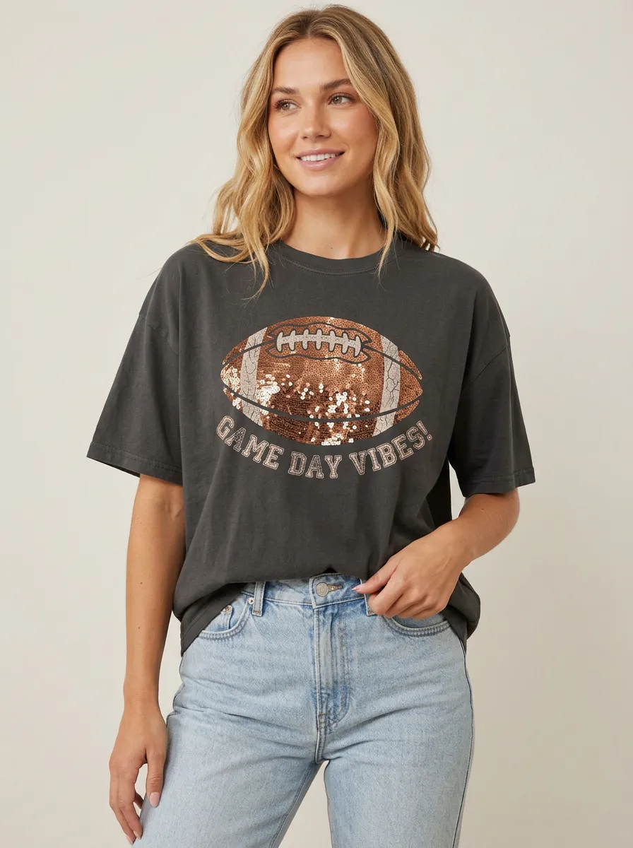 Women's Football Game Day Vibes Sequin Printed T-shirt