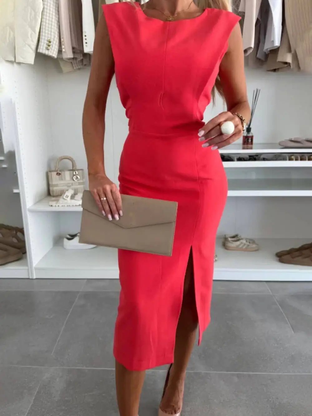 Elegant Charming Lady Round Neck Sleeveless Midi Dress