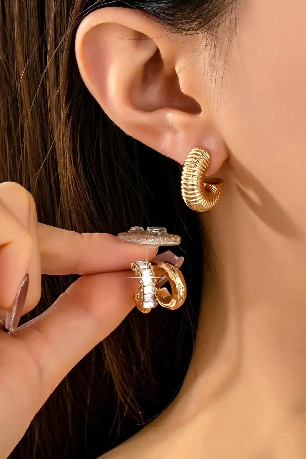 Rhinestone Textured Hoop arring Set