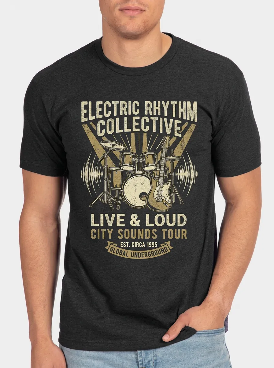 Men's Rock Band Music Lover Drum Guitar Printed T-shirt