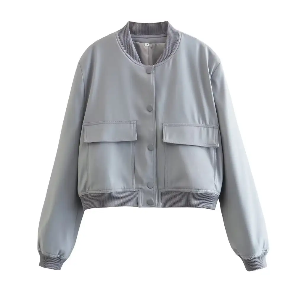 Cropped Snap Front Patch Pocket Ribbed Trim Bomber Jacket