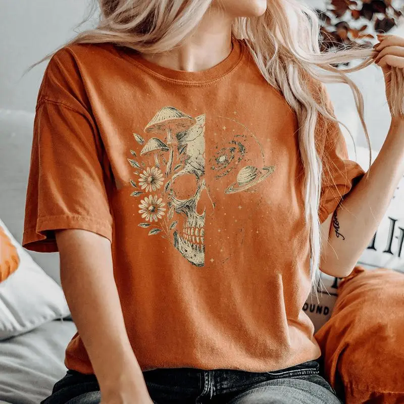 Skull Galaxy Mushroom Flowers Cosmos Aesthetic Spiritual Women's Oversized Comfort T-Shirt