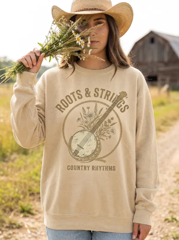 Banjo Floral Roots-And-Strings Women's Country Music Crewneck Sweatshirt