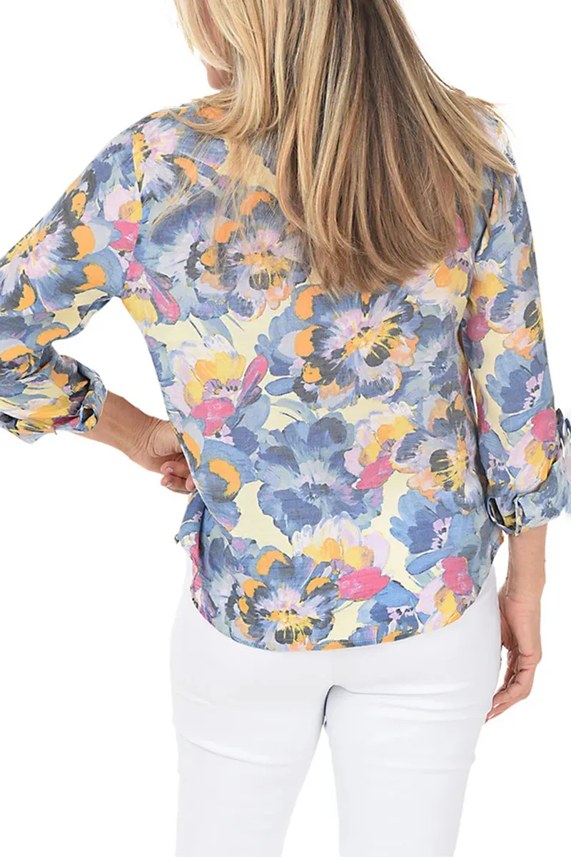 Pansy Flowers Pleated Front Roll Sleeve Blouse