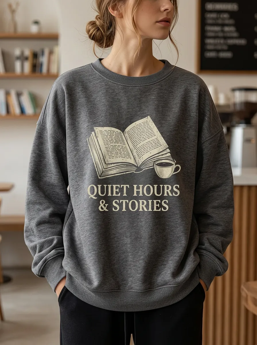 Women's Book Lover Quiet Hours & Stories Printed Sweatshirt