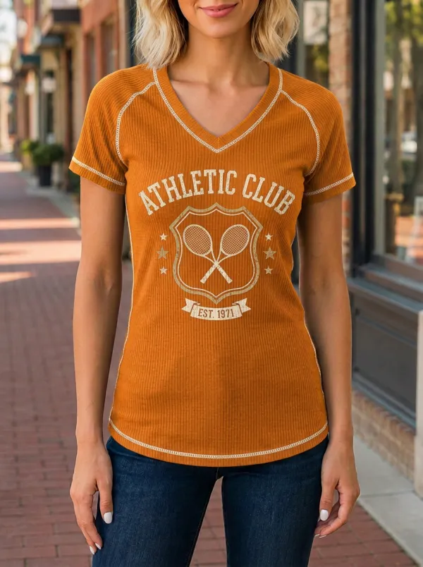 Women's Tennis Lover Athletic Club Crest Printed V-neck T-shirt
