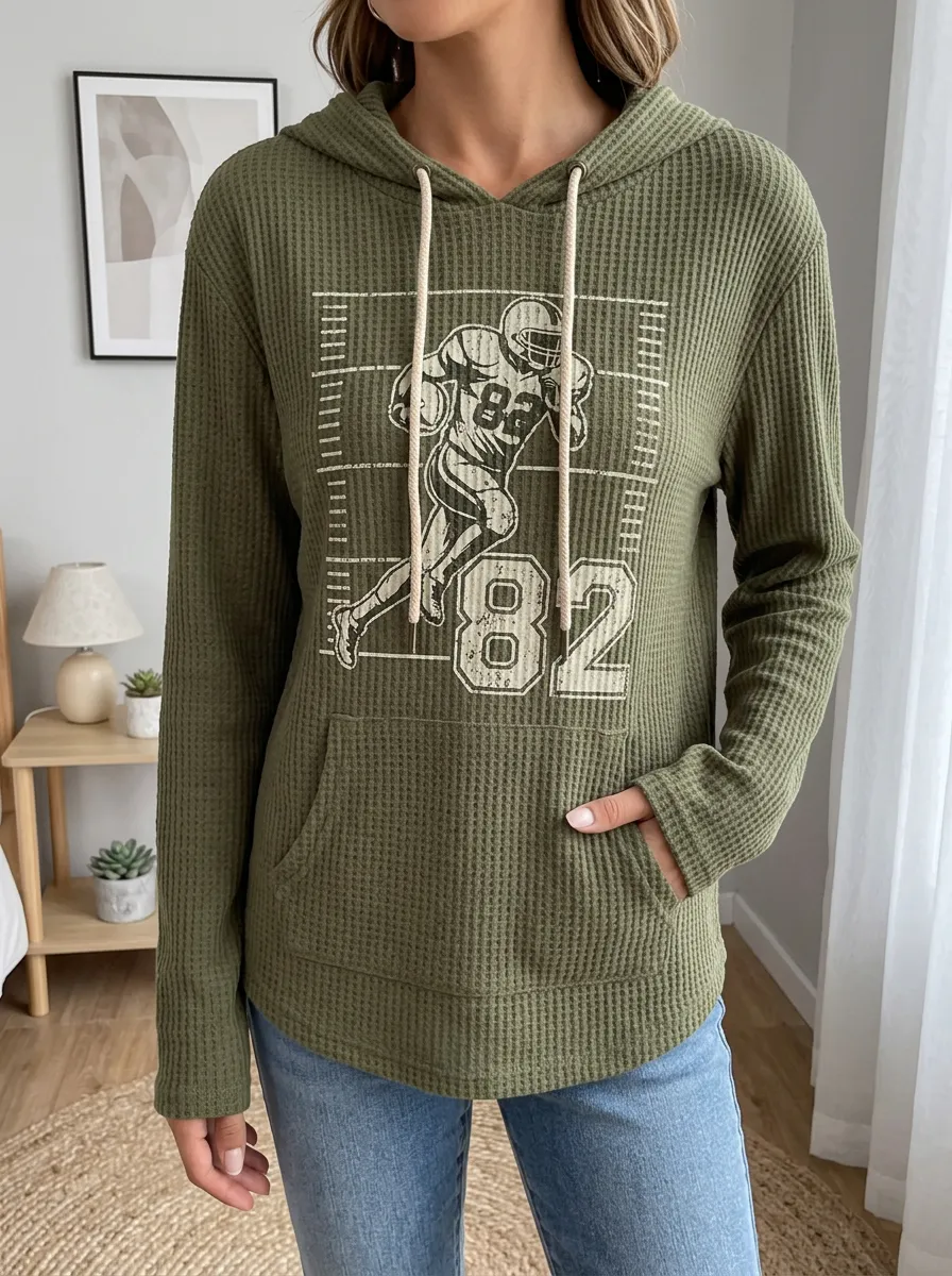 Women's Football Fan 82 Player Graphic Printed Waffle Hoodie