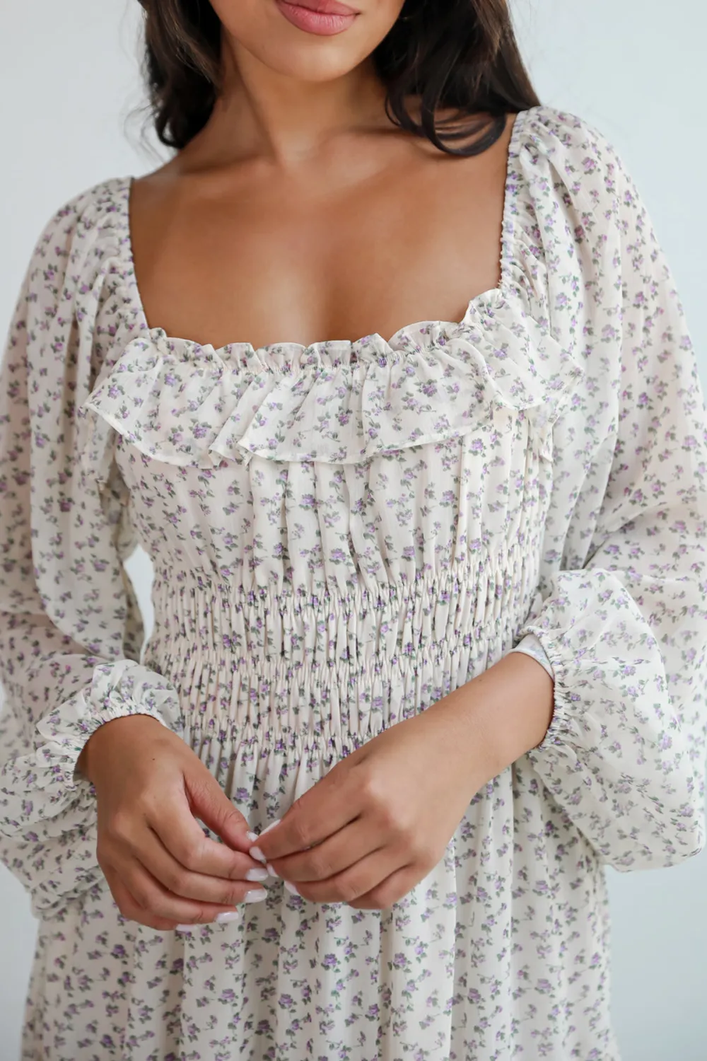Cream Floral Print Midi Dress
